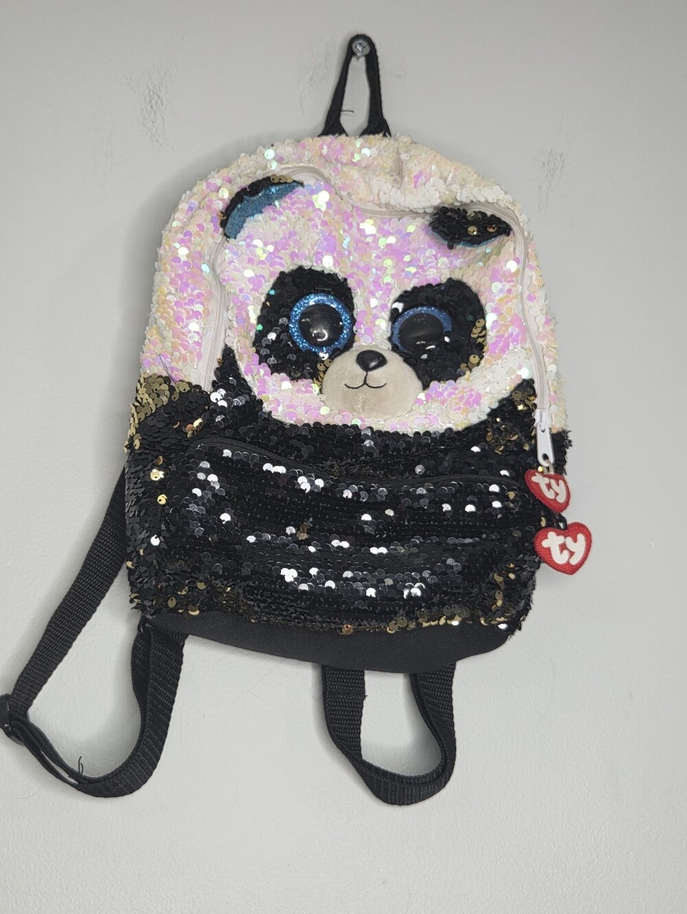 Ty Sequin Panda Kids Backpack - Black & Pink Iridescent